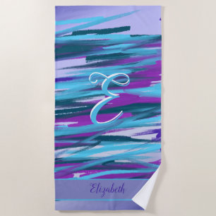 Monogram Purple, Aqua, Teal & Green Abstract Art Beach Towel