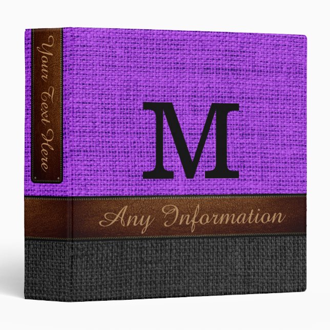 Monogram Purple & Black Burlap Rustic Jute Binder (Front/Spine)