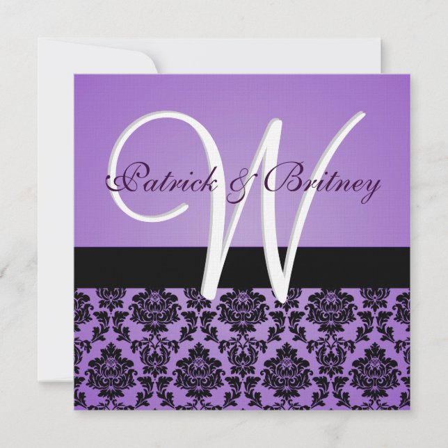 Monogram Purple & Black Damask Wedding Invitations (Front)