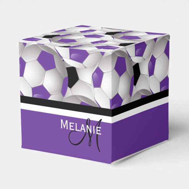 Monogram Purple Black Soccer Ball Pattern Favor Box (Front Side)