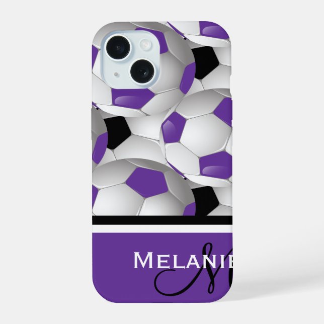 Monogram Purple Black Soccer Ball Pattern iPhone 15 Case (Back)