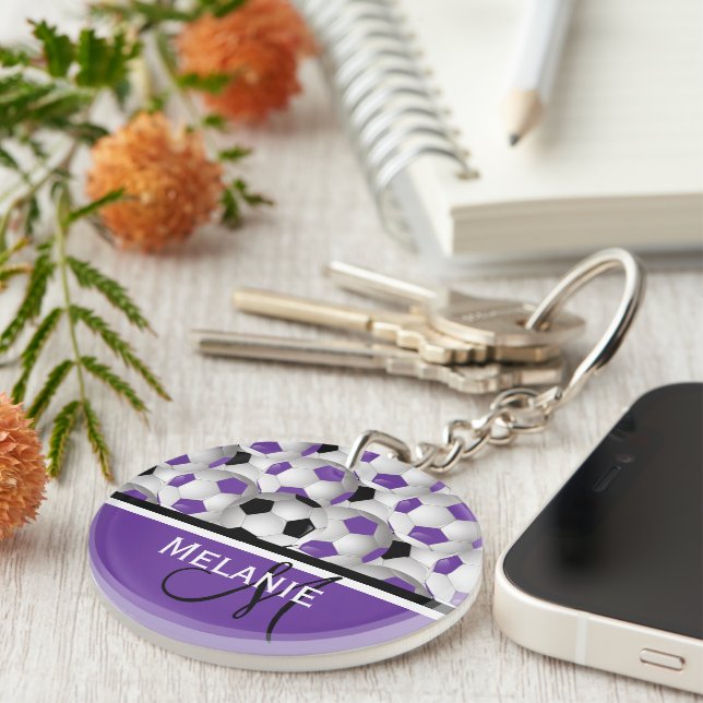 Monogram Purple Black Soccer Ball Pattern Keychain (Front Right)