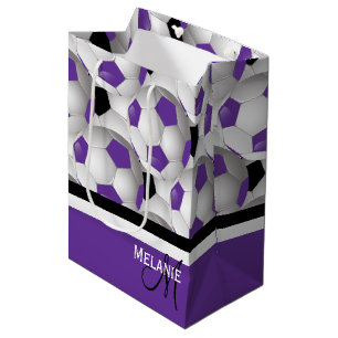 Monogram Purple Black Soccer Ball Pattern Medium Gift Bag