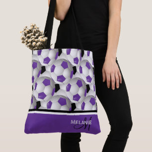 Monogram Purple Black Soccer Ball Pattern Tote Bag