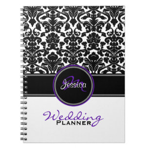 Monogram Purple Black White Damask Wedding Planner Notebook