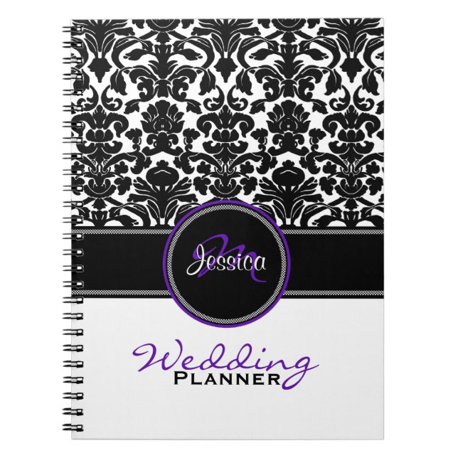 Monogram Purple Black White Damask Wedding Planner Notebook (Front)