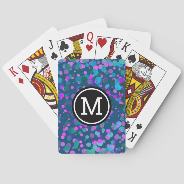 Monogram purple blue confetti dots on teal modern playing cards (Back)