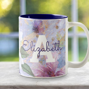 Monogram purple blue floral watercolor vintage Two-Tone coffee mug