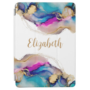 Monogram Purple Blue Gold Wash Watercolor Abstract iPad Air Cover