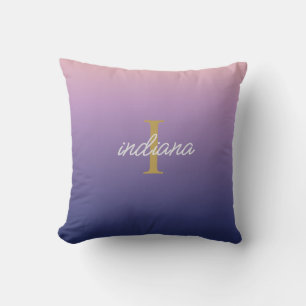 Monogram Purple Blue Ombre Stylish Script Name Throw Pillow