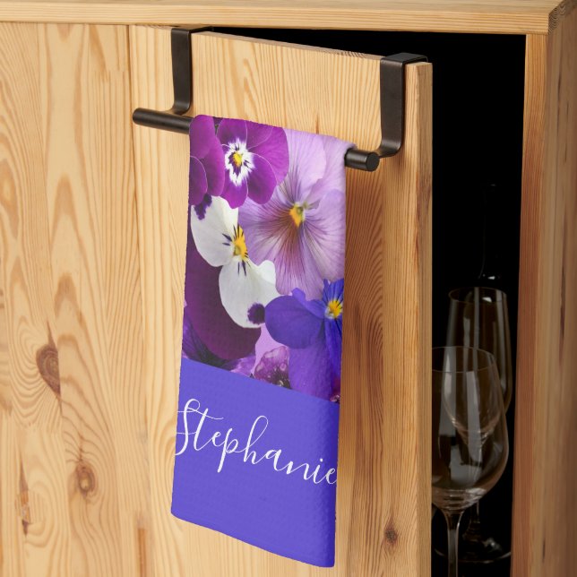 Monogram Purple Blue White Floral Pansy Flowers  Kitchen Towel (Thirds Fold)
