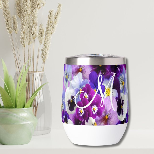 Monogram Purple Blue White Pansy Floral Flowers  (Purple White Blue pansy wine tumbler. Floral flowers design with a white monogram initial.)