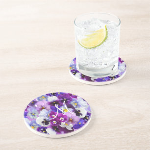 Monogram Purple Blue White Pansy Floral Flowers Coaster