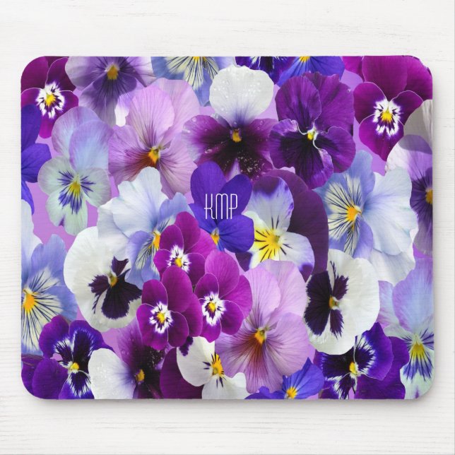 Monogram Purple Blue White Pansy Floral Flowers Mouse Pad (Front)