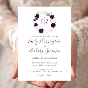 Monogram Purple Blush Floral Wedding Invitation