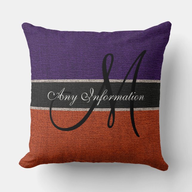 Monogram Purple & Brown Burlap Rustic Jute Throw Pillow (Front)