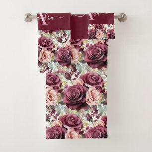 Monogram Purple Burgundy Pink Roses Towel Set