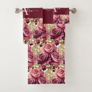 Monogram Purple Burgundy Pink Roses Towel Set