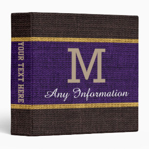 Monogram Purple Burlap Linen Rustic Jute Binder