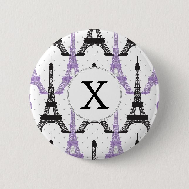 Monogram Purple Chic Eiffel Tower Pattern 2 Inch Round Button (Front)