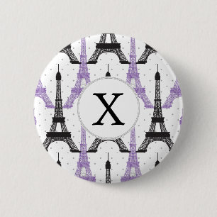 Monogram Purple Chic Eiffel Tower Pattern 2 Inch Round Button