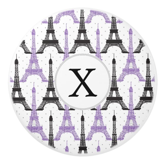 Monogram Purple Chic Eiffel Tower Pattern Ceramic Knob (Front)