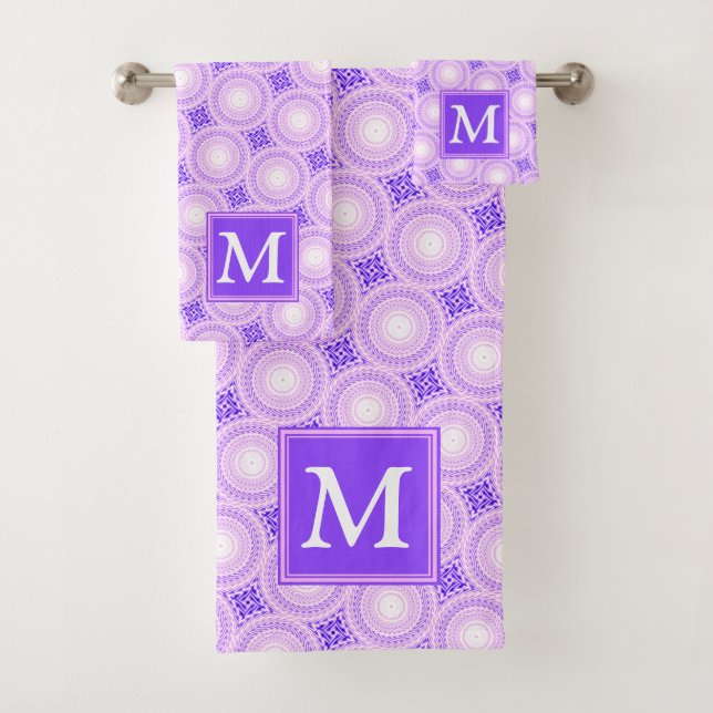 Monogram purple circles pattern bath towel set (Insitu)
