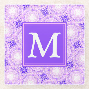 Monogram purple circles pattern glass coaster