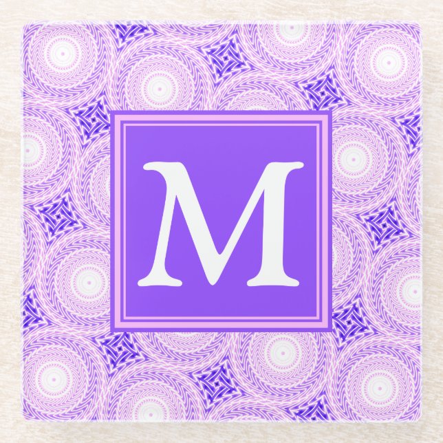 Monogram purple circles pattern glass coaster (Front)