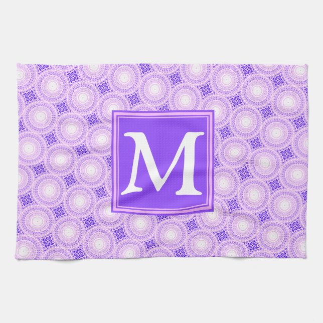 Monogram purple circles pattern kitchen towel (Horizontal)