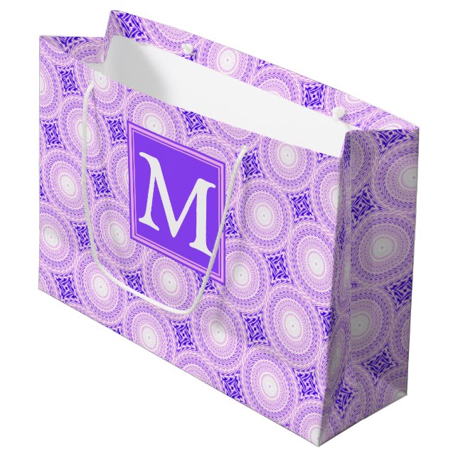 Monogram purple circles pattern large gift bag (Front Angled)