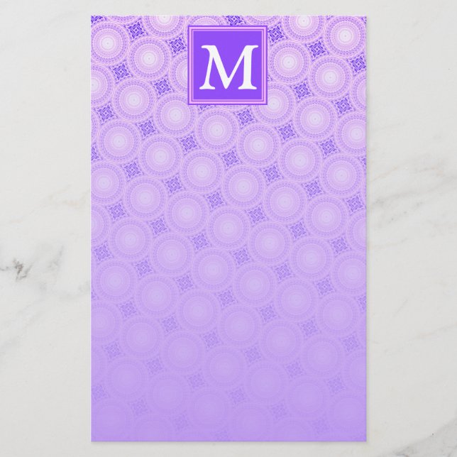 Monogram purple circles pattern stationery (Front)