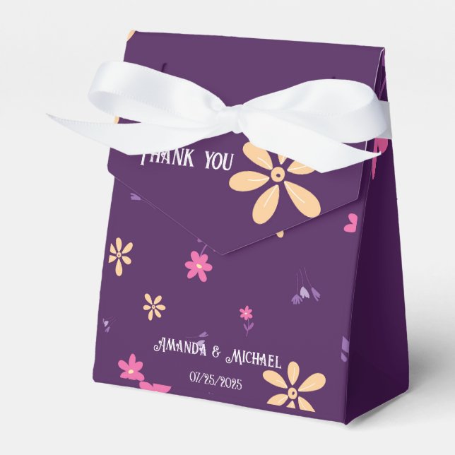 Monogram Purple Daisy Flower Pattern Wedding Favor Box (Front Side)
