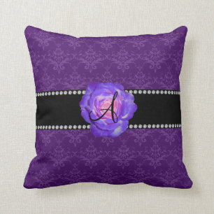 Monogram purple damask purple rose throw pillow