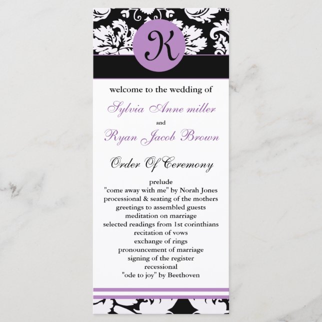 monogram purple damask Wedding program (Front)