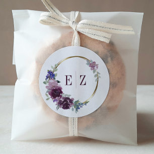 Monogram Purple Floral Boho Gold Frame Wedding Classic Round Sticker