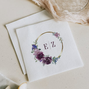 Monogram Purple Floral Boho Gold Frame Wedding Napkin