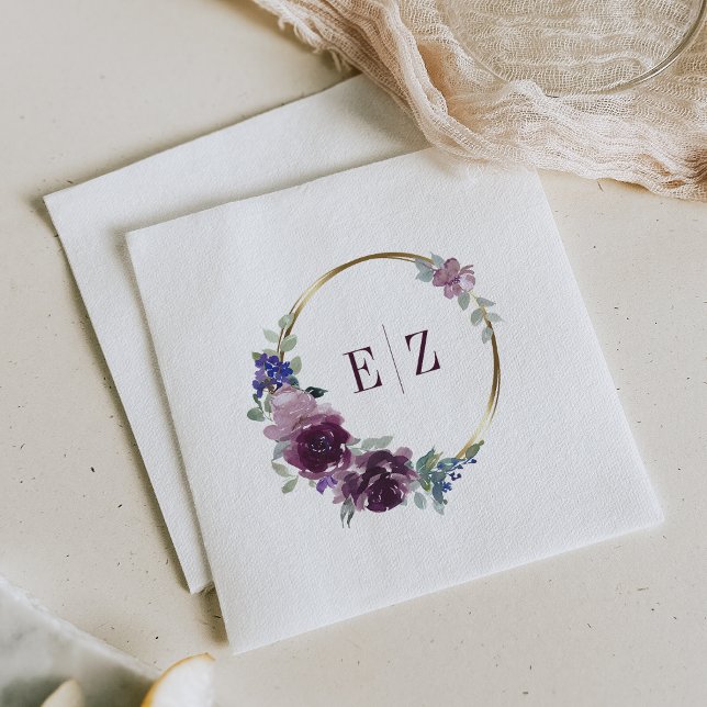 Monogram Purple Floral Boho Gold Frame Wedding Napkin (Creator Uploaded)