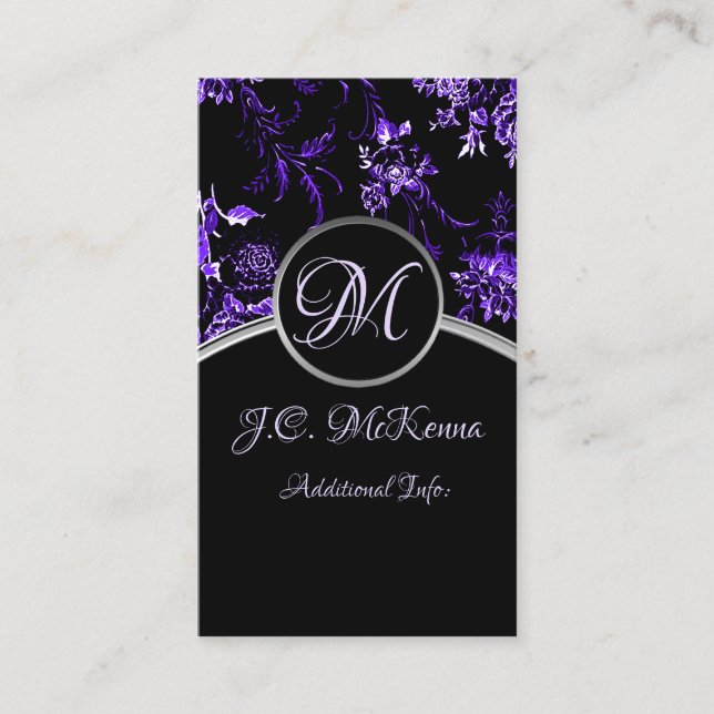 Monogram Purple Floral Business Card 3 (Front)