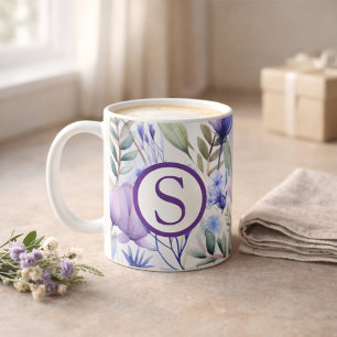 Monogram Purple Floral Coffee Mug