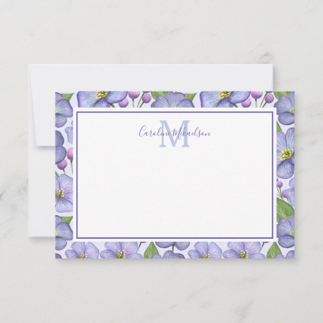 Monogram Purple Floral Pattern Thank You Card (Front)