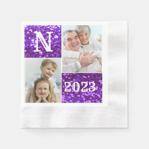 Monogram Purple Glitter 2 Photos Collage  Napkin