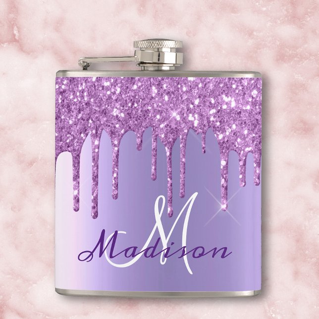 Monogram Purple Glitter Drips Girly Sparkle Hip Flask (Creator Uploaded)