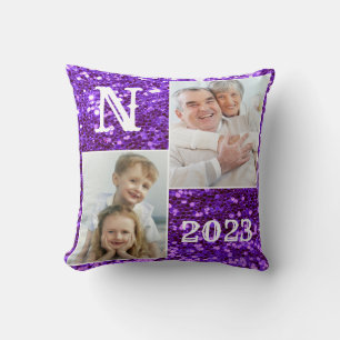 Monogram Purple Glitter Photo Christmas Holiday Throw Pillow