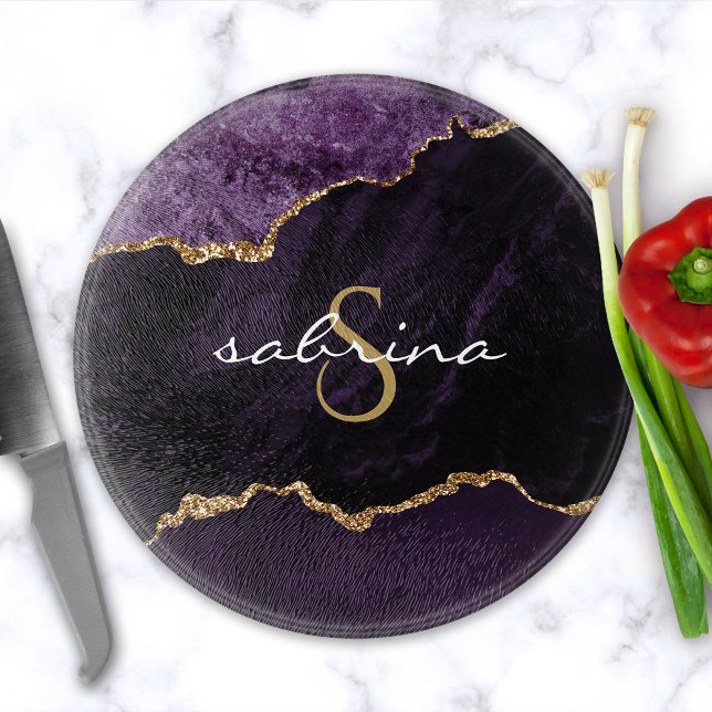 Monogram Purple Gold Agate Geode Cutting Board (Creator Uploaded)