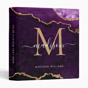 Monogram Purple Gold Agate Geode School Office Binder