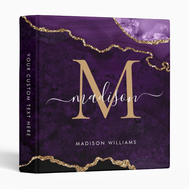 Monogram Purple Gold Agate Geode School Office Binder (Front/Spine)