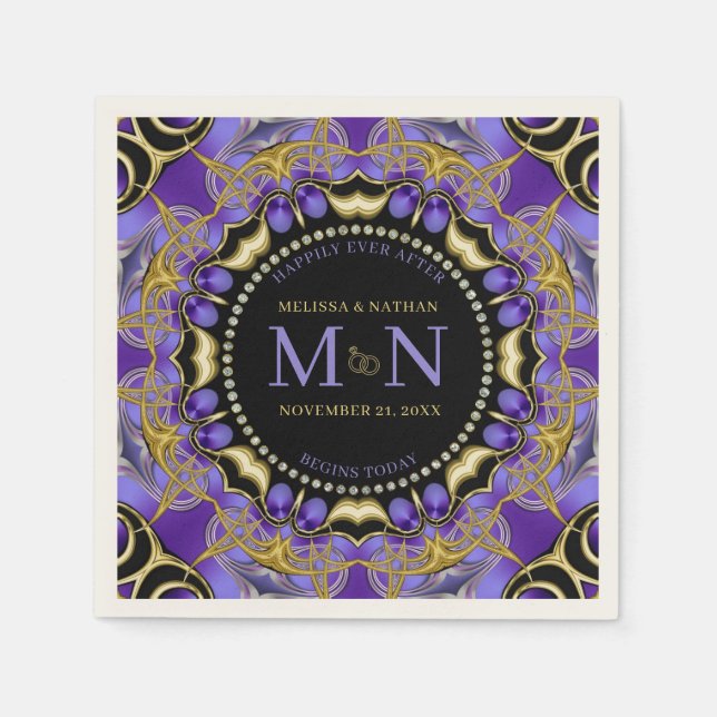 Monogram Purple Gold Diamond Lace Unique Wedding  Napkin (Front)