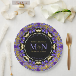 Monogram Purple Gold Diamond Lace Unique Wedding  Paper Plate