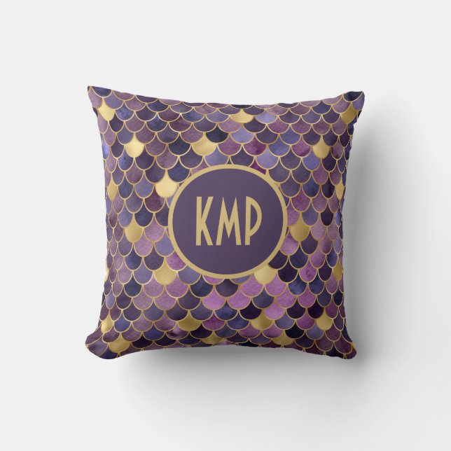 Monogram Purple Gold Mermaid Scales Trendy  Throw Pillow (Front)